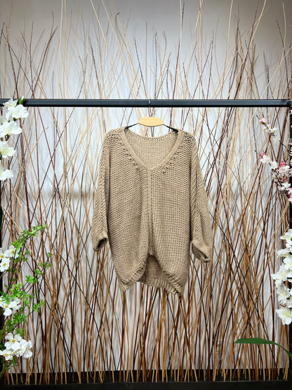 Pull En Maille Large Col Dégagé Manche 3/4 15% Alpaga Taille Élastique