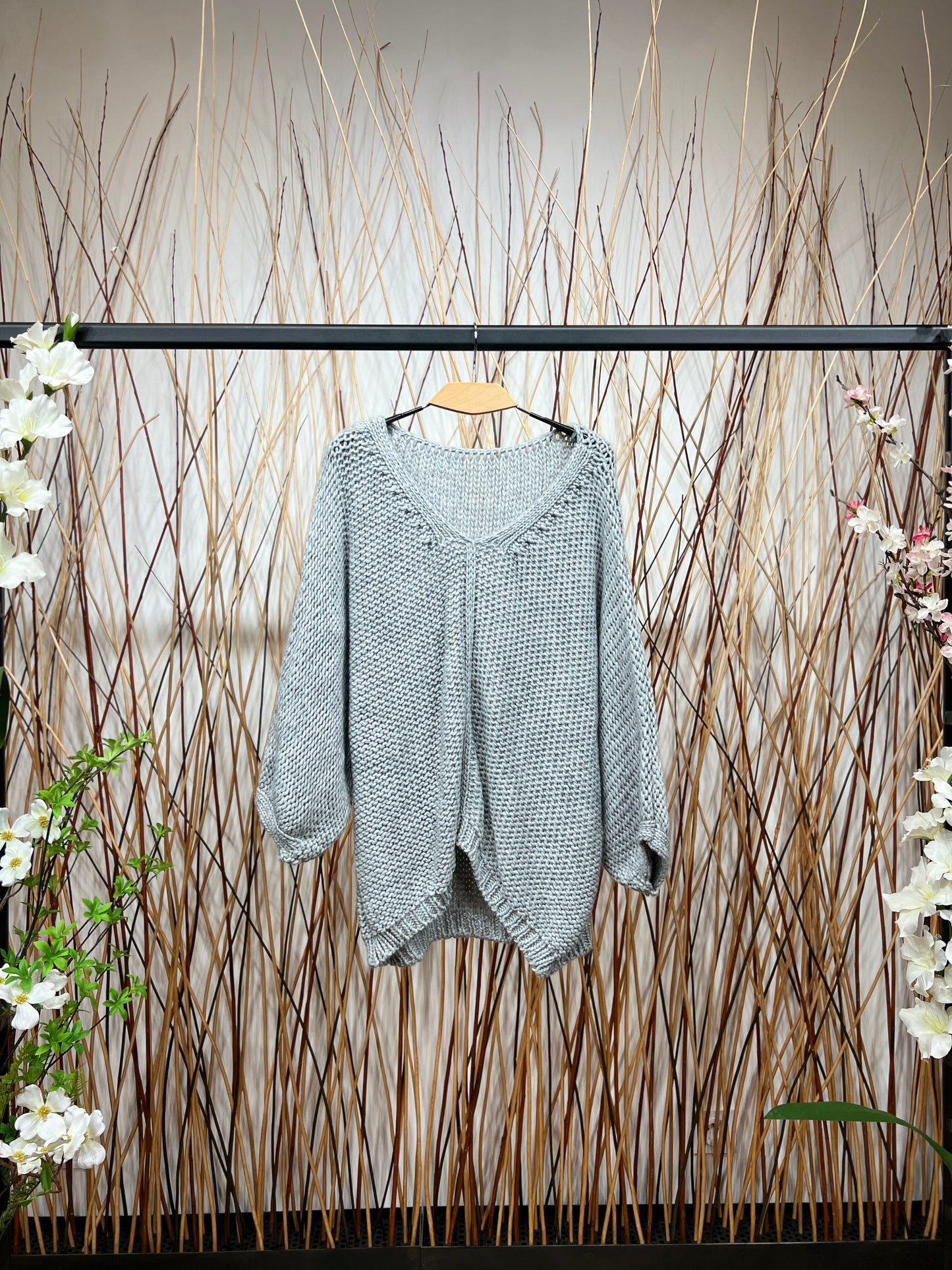 Pull En Maille Large Col Dégagé Manche 3/4 15% Alpaga Taille Élastique