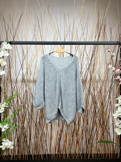 Pull En Maille Large Col Dégagé Manche 3/4 15% Alpaga Taille Élastique
