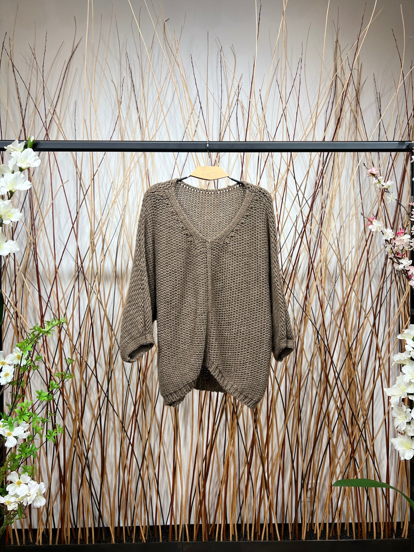 Pull En Maille Large Col Dégagé Manche 3/4 15% Alpaga Taille Élastique