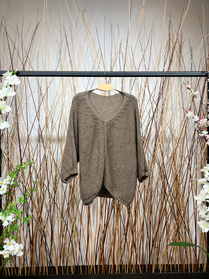 Pull En Maille Large Col Dégagé Manche 3/4 15% Alpaga Taille Élastique
