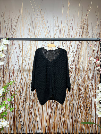 Pull En Maille Large Col Dégagé Manche 3/4 15% Alpaga Taille Élastique