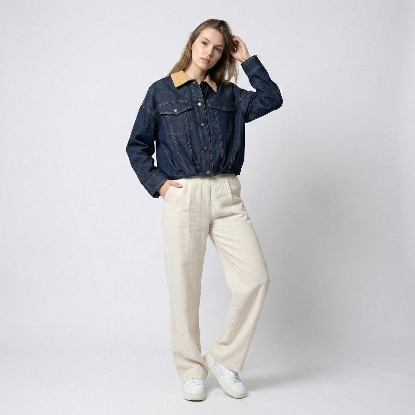 Veste Jean Blousant Col Velour Côtelé à Poches Poitrines 80% Coton