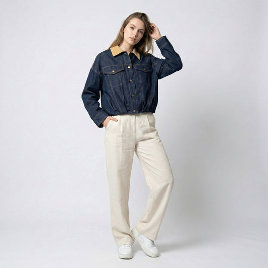 Veste Jean Blousant Col Velour Côtelé à Poches Poitrines 80% Coton