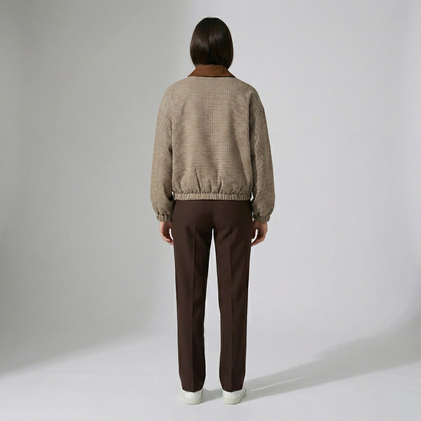 Veste Blousante Zippé Col Velour Motif Pied De Poule Manches Bouffantes