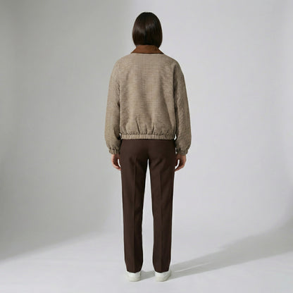 Veste Blousante Zippé Col Velour Motif Pied De Poule Manches Bouffantes