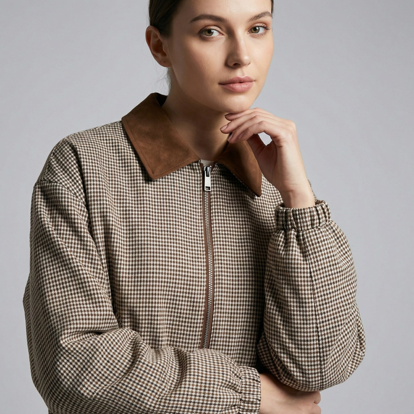 Veste Blousante Zippé Col Velour Motif Pied De Poule Manches Bouffantes