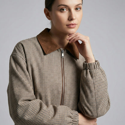 Veste Blousante Zippé Col Velour Motif Pied De Poule Manches Bouffantes