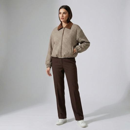 Veste Blousante Zippé Col Velour Motif Pied De Poule Manches Bouffantes