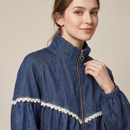Blouson Coupe Blousante Denim Col Montant Dentelle Manche Bouffantes Poches