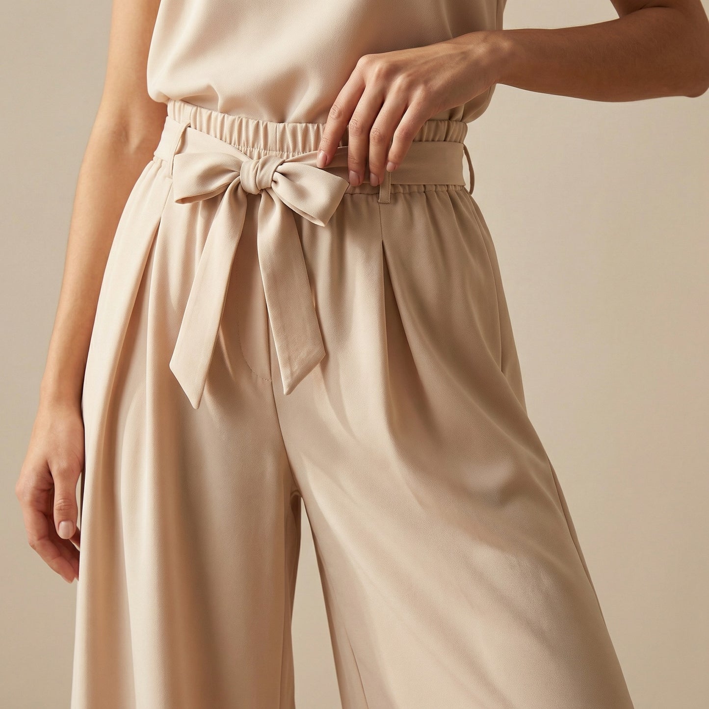 Pantalon Large Fluide Plissé Ceinture Nouer Taille Élastique