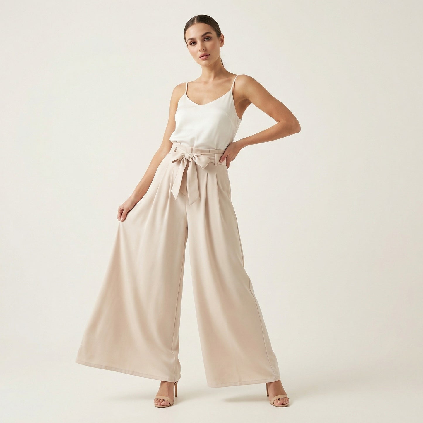 Pantalon Large Fluide Plissé Ceinture Nouer Taille Élastique