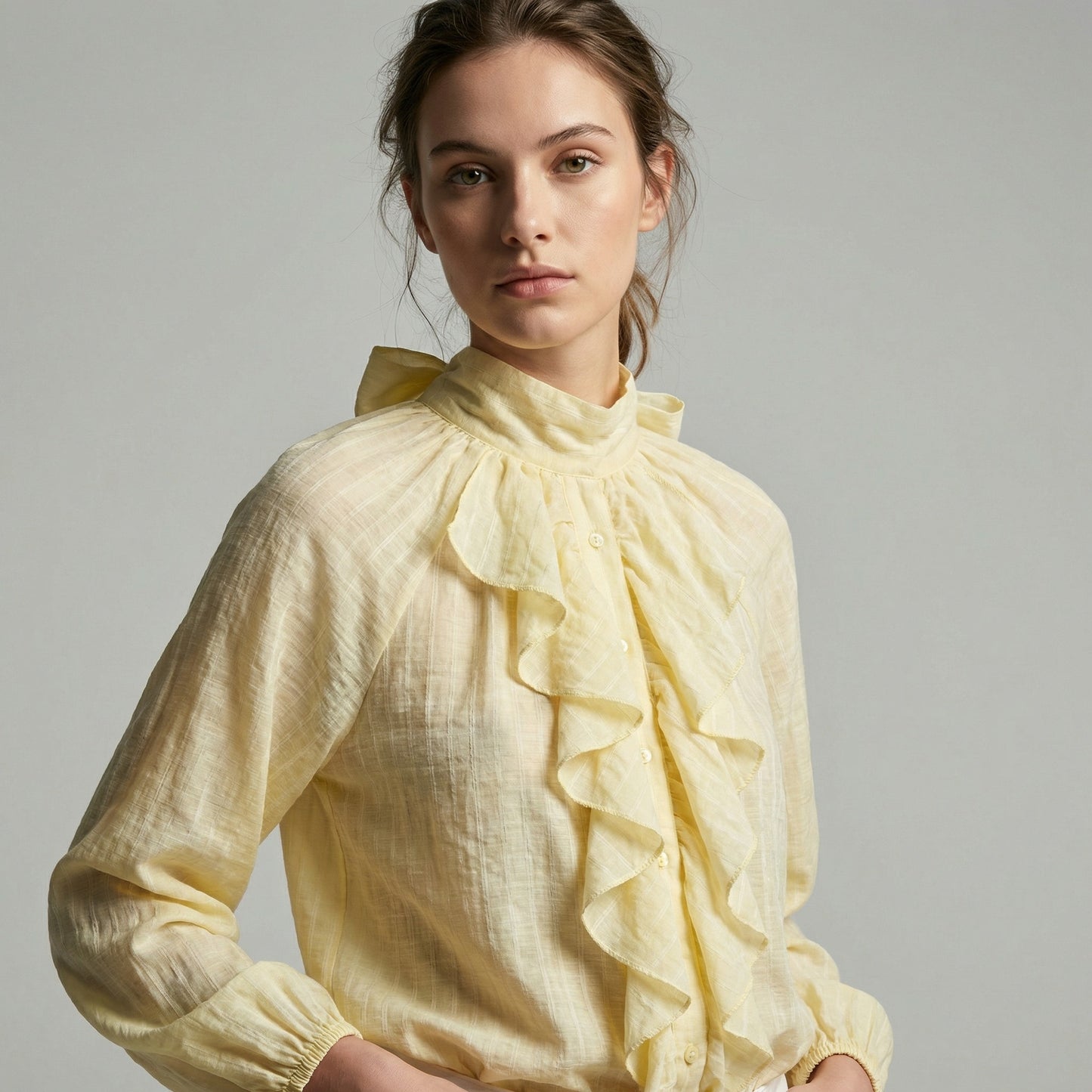 Chemisier Rayé à Volants Col Nœud Arrière Manches Bouffantes Élastique