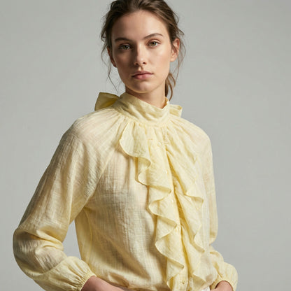 Chemisier Rayé à Volants Col Nœud Arrière Manches Bouffantes Élastique