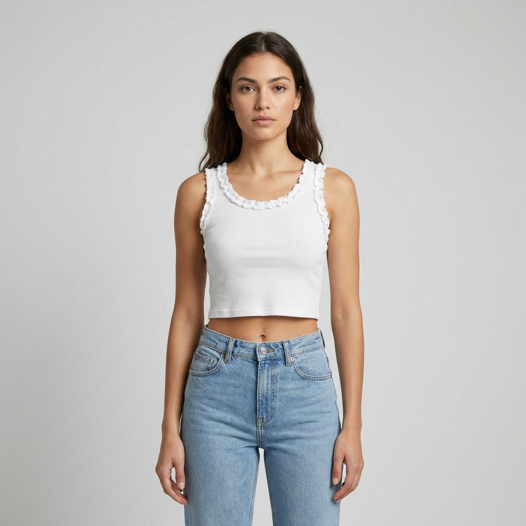 Débardeur Crop Top Col Rond Côtelé à Froufrous 90% Coton