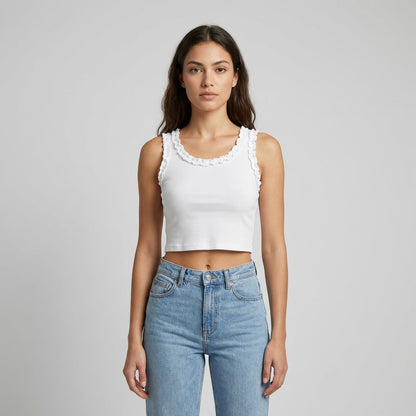 Débardeur Crop Top Col Rond Côtelé à Froufrous 90% Coton