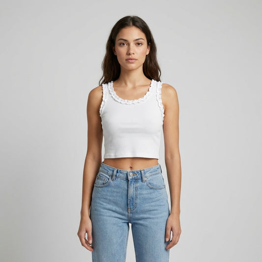 Débardeur Crop Top Col Rond Côtelé à Froufrous 90% Coton