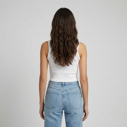 Débardeur Crop Top Col Rond Côtelé à Froufrous 90% Coton