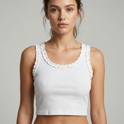 Débardeur Crop Top Col Rond Côtelé à Froufrous 90% Coton