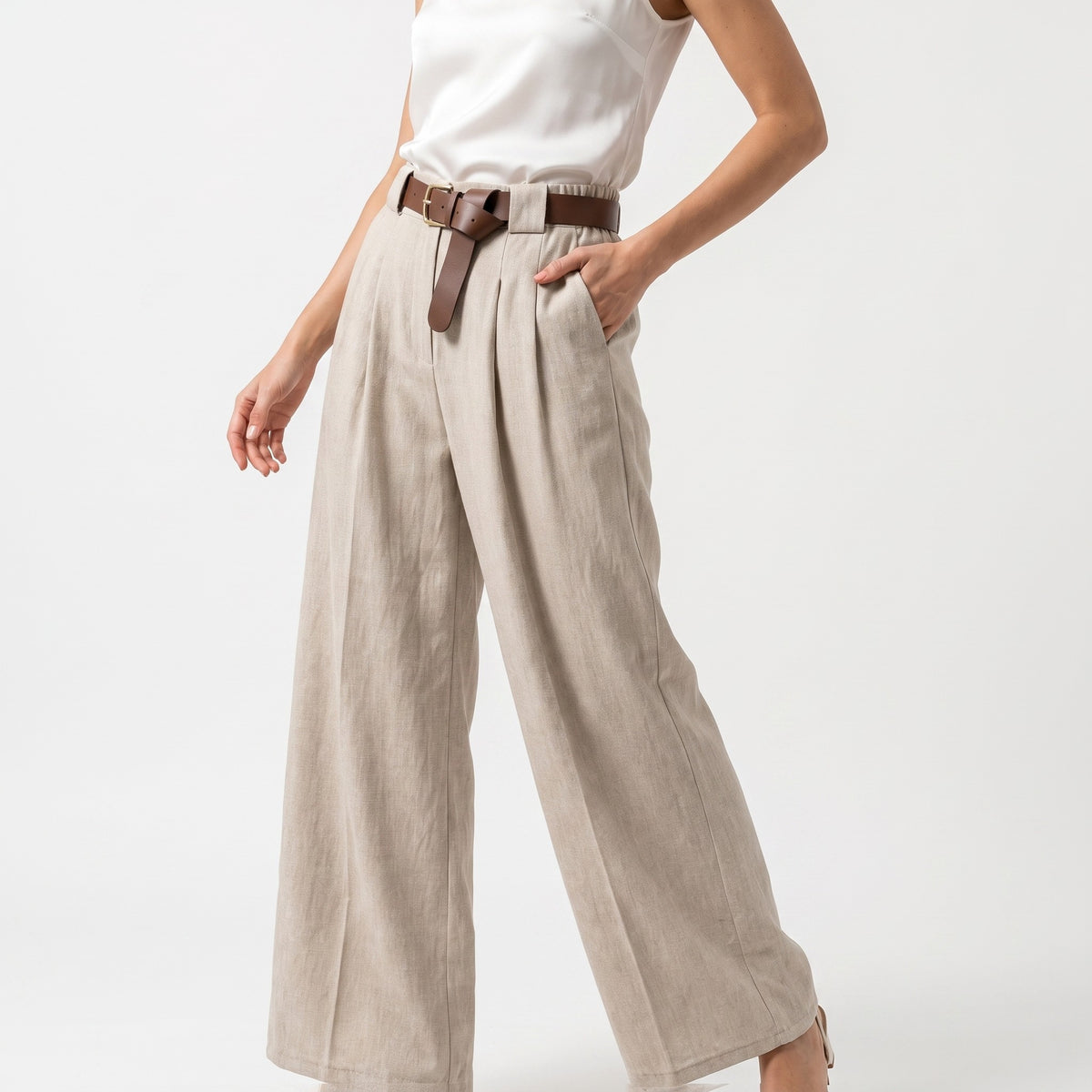 Pantalon Taille Haute Coupe Large Évasée Ceinture Poche Velours Au Ras