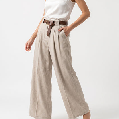 Pantalon Taille Haute Coupe Large Évasée Ceinture Poche Velours Au Ras