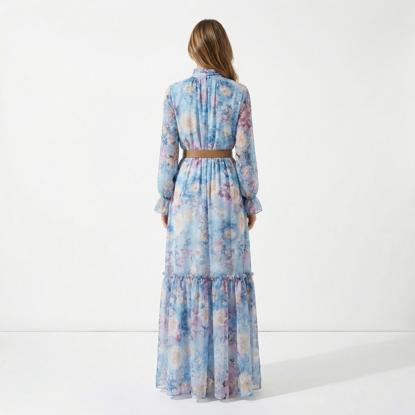 Ensemble Robe D'Été Mousseline & Doublure Robe Col V à Motif Fleuri Col Lavallière Manche Bouffante & Ceinture