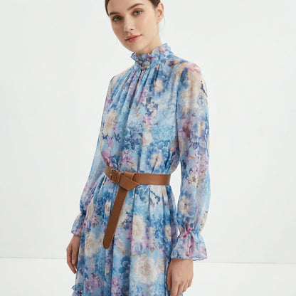 Ensemble Robe D'Été Mousseline & Doublure Robe Col V à Motif Fleuri Col Lavallière Manche Bouffante & Ceinture