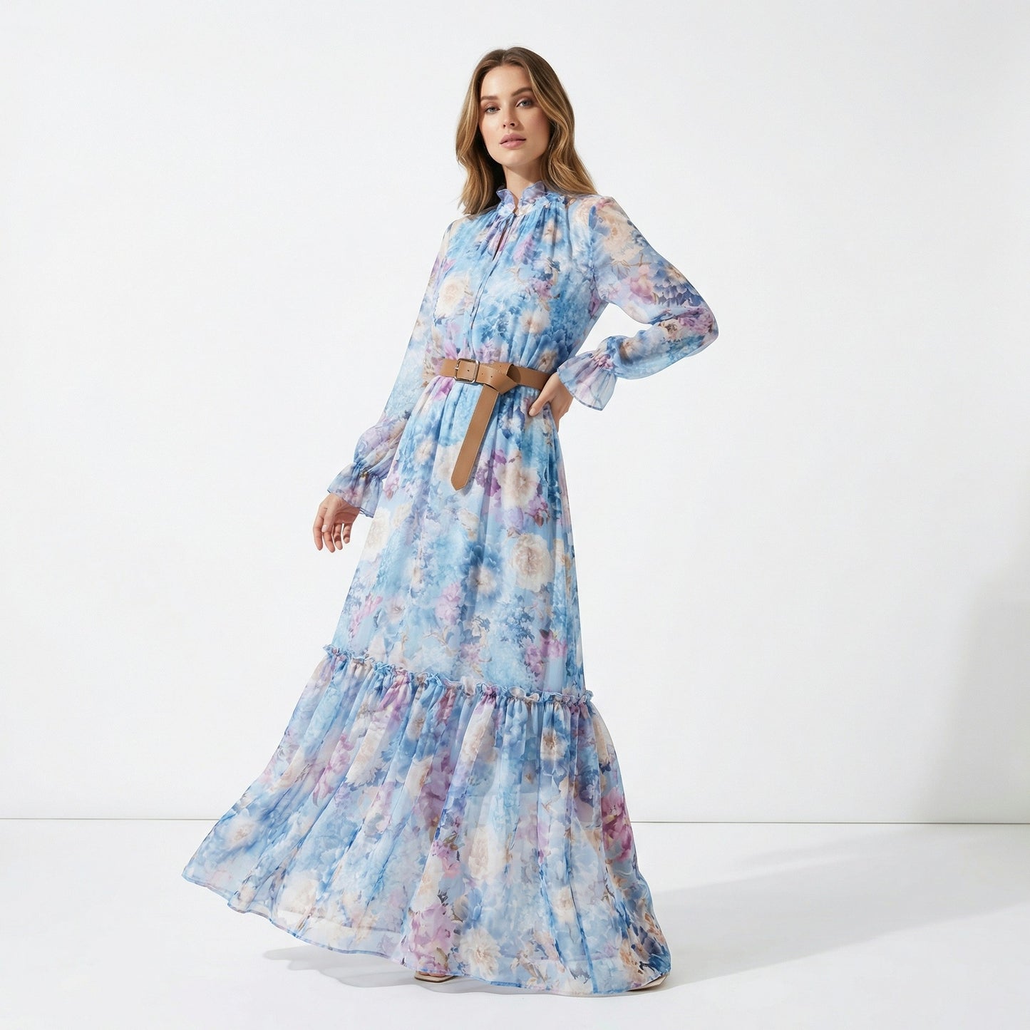 Ensemble Robe D'Été Mousseline & Doublure Robe Col V à Motif Fleuri Col Lavallière Manche Bouffante & Ceinture