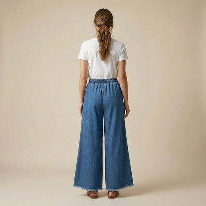 Pantalon Large Jean Stretch Taille Élastique à Cordon Blanc Effet Effiloché