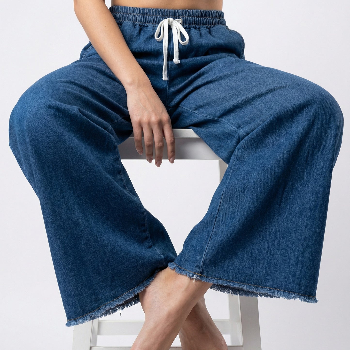 Pantalon Large Jean Stretch Taille Élastique à Cordon Blanc Effet Effiloché