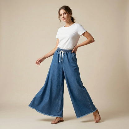 Pantalon Large Jean Stretch Taille Élastique à Cordon Blanc Effet Effiloché