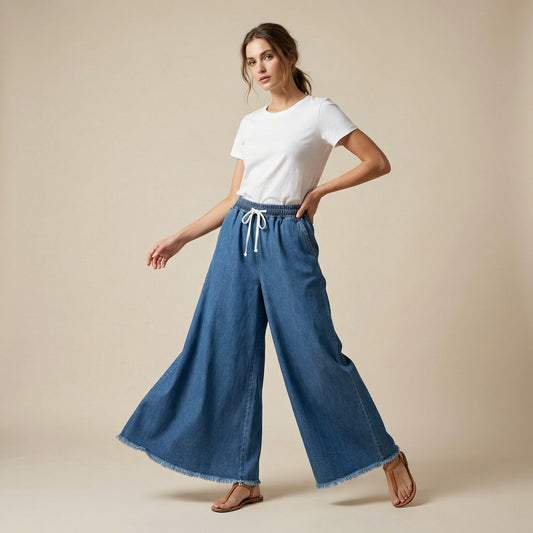 Pantalon Large Jean Stretch Taille Élastique à Cordon Blanc Effet Effiloché