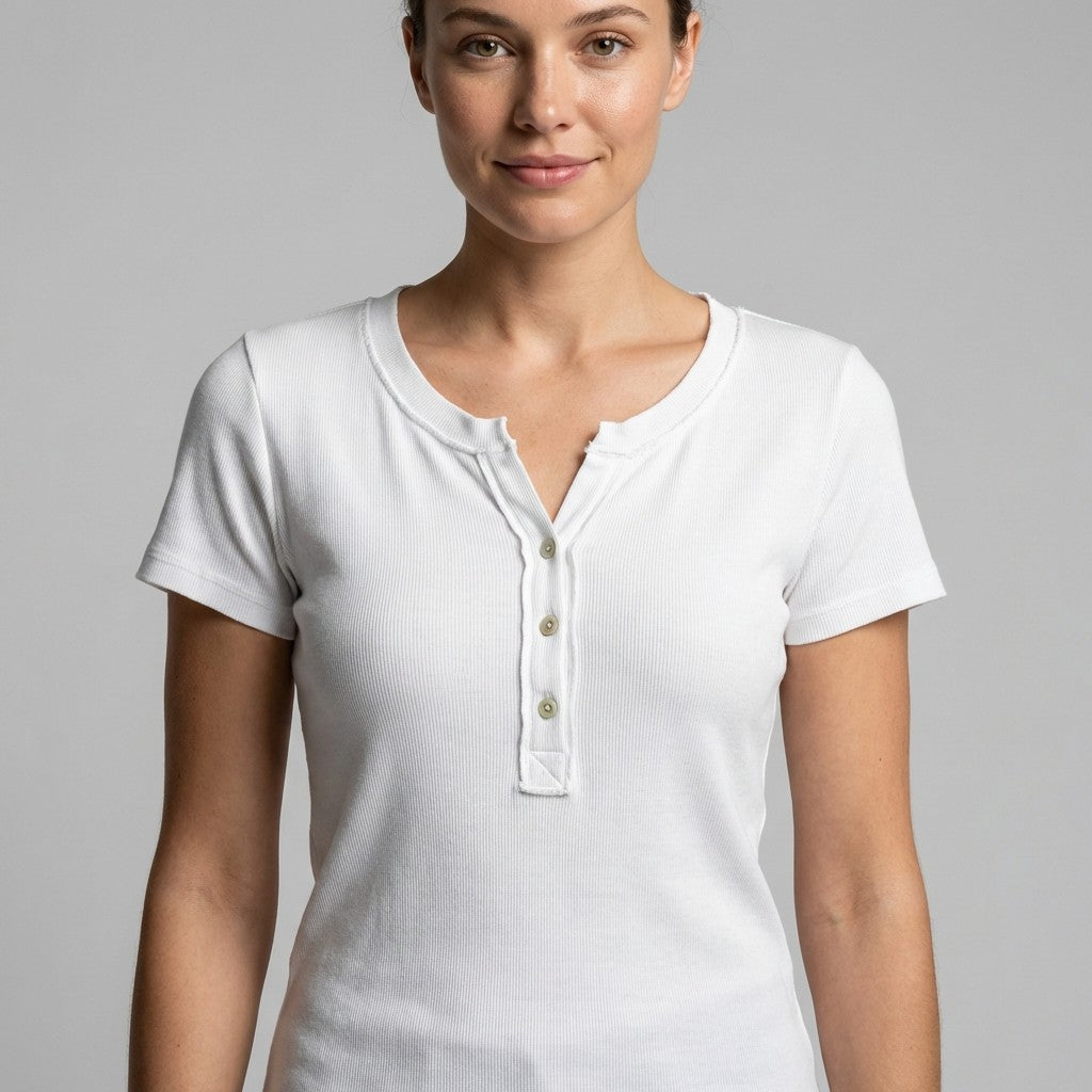 T-Shirt Manche Courte Côtelé Col Tunisien 90% Coton