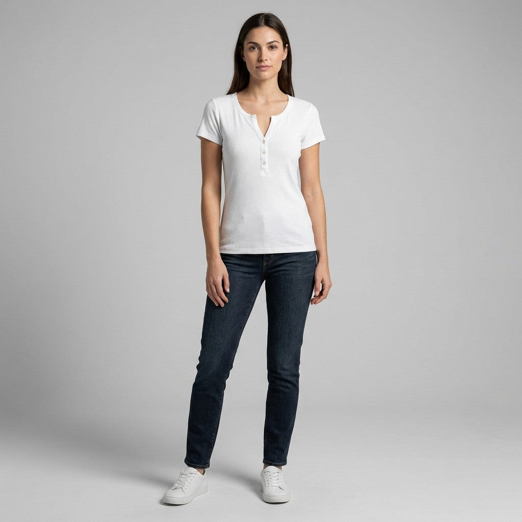 T-Shirt Manche Courte Côtelé Col Tunisien 90% Coton