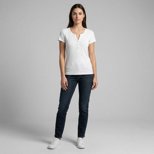 T-Shirt Manche Courte Côtelé Col Tunisien 90% Coton