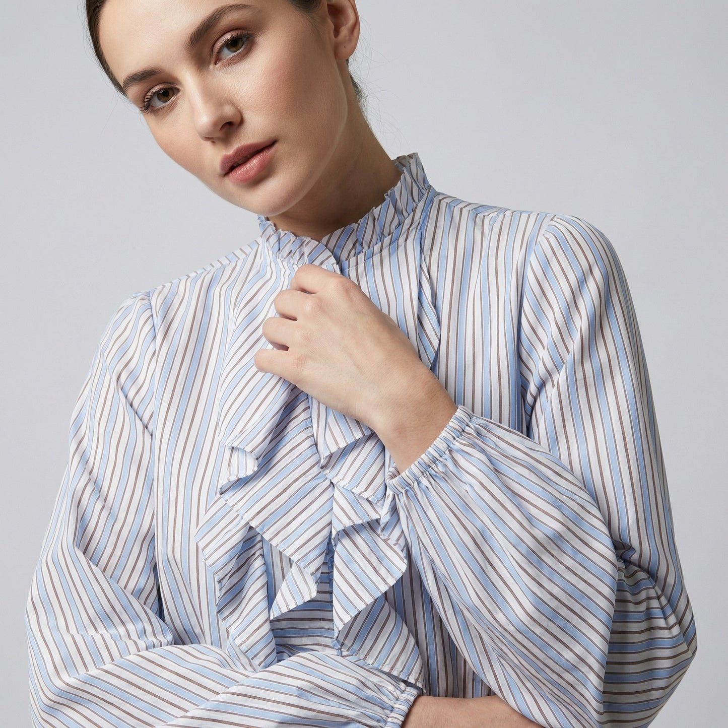 Chemisier Rayé à Volants Manches Bouffantes Élastique 85% Tencel