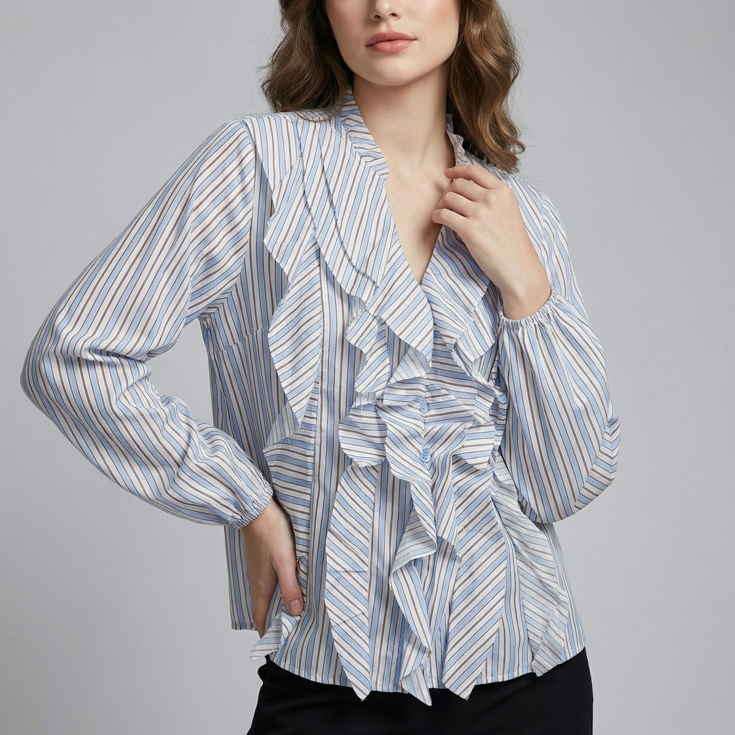 Chemisier Rayé à Volants Manches Bouffantes Élastique 85% Tencel