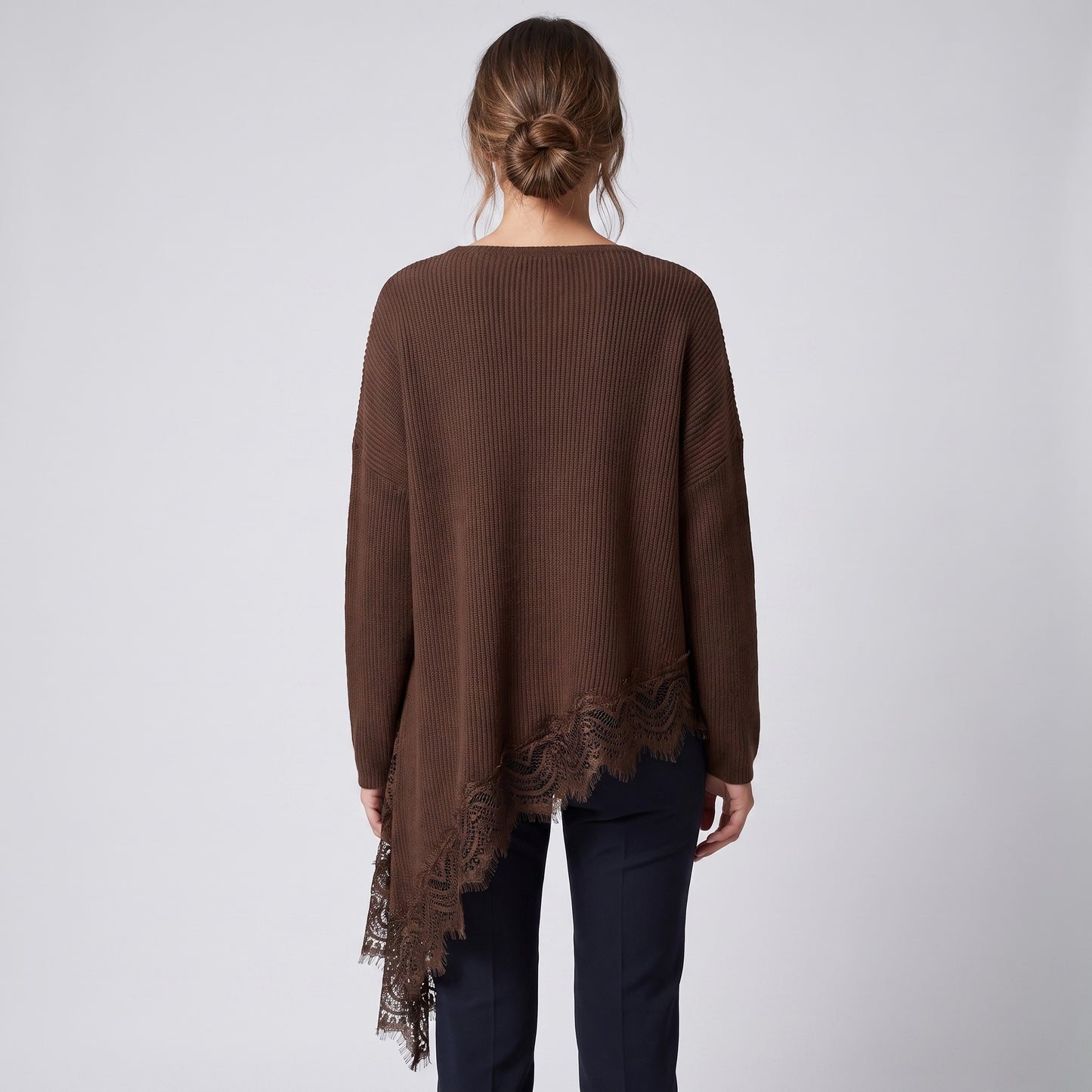 Pull Côtelé Col V Manche Longue Coupe Asymétrique À Dentelle