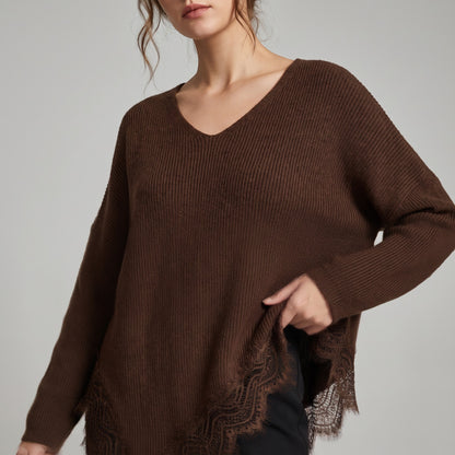 Pull Côtelé Col V Manche Longue Coupe Asymétrique À Dentelle