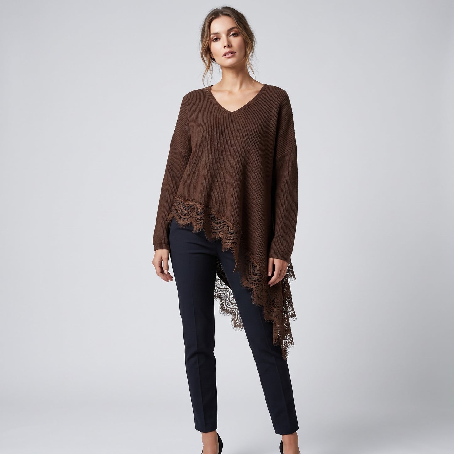 Pull Côtelé Col V Manche Longue Coupe Asymétrique À Dentelle