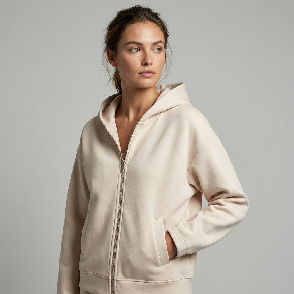 Stretch Heather Zip-Up Hoodie with Unstitched Pockets