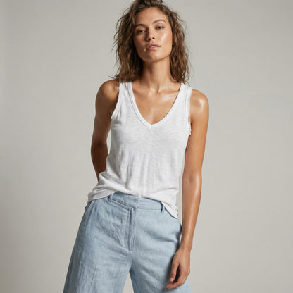 Débardeur Effet Effiloché Col V à Sequins 100% Coton