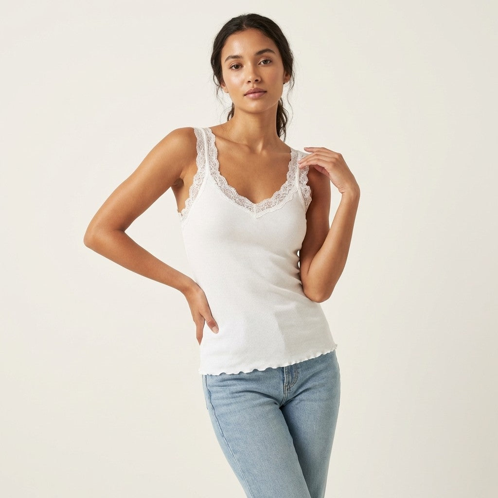 Débardeur Côtelé à Brettelles Fines à Dentelle 100% Coton