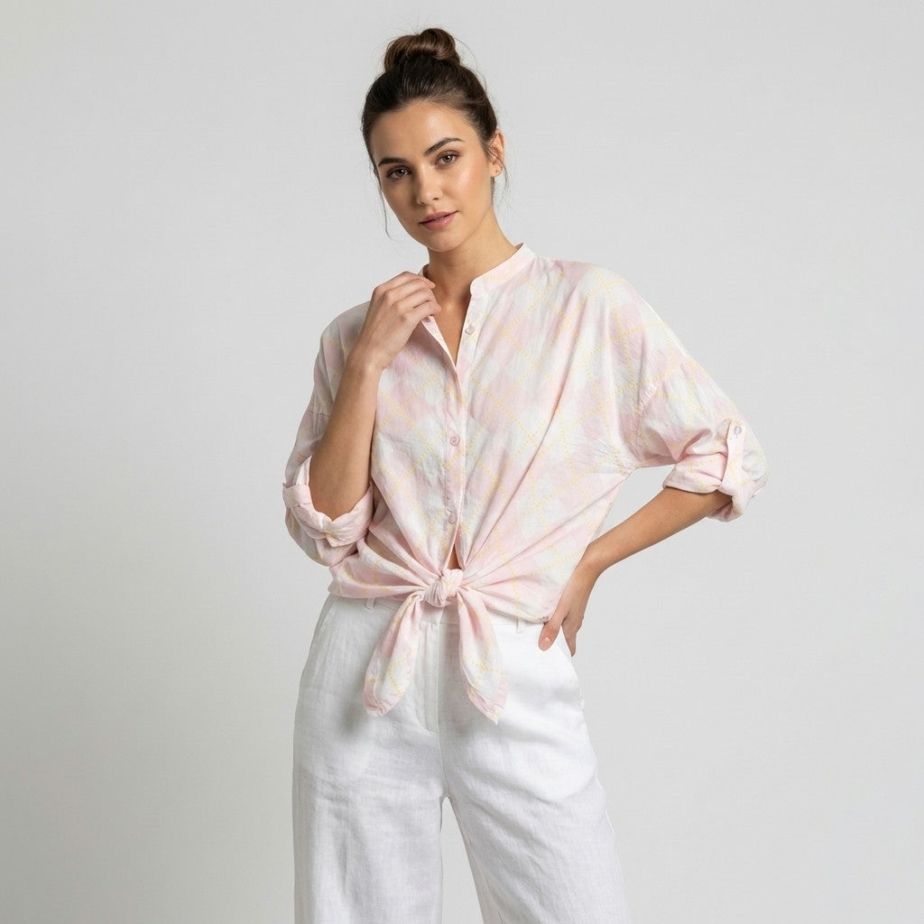 Chemisier Léger à Manches Boutonnées Motif Argyle 100% Coton