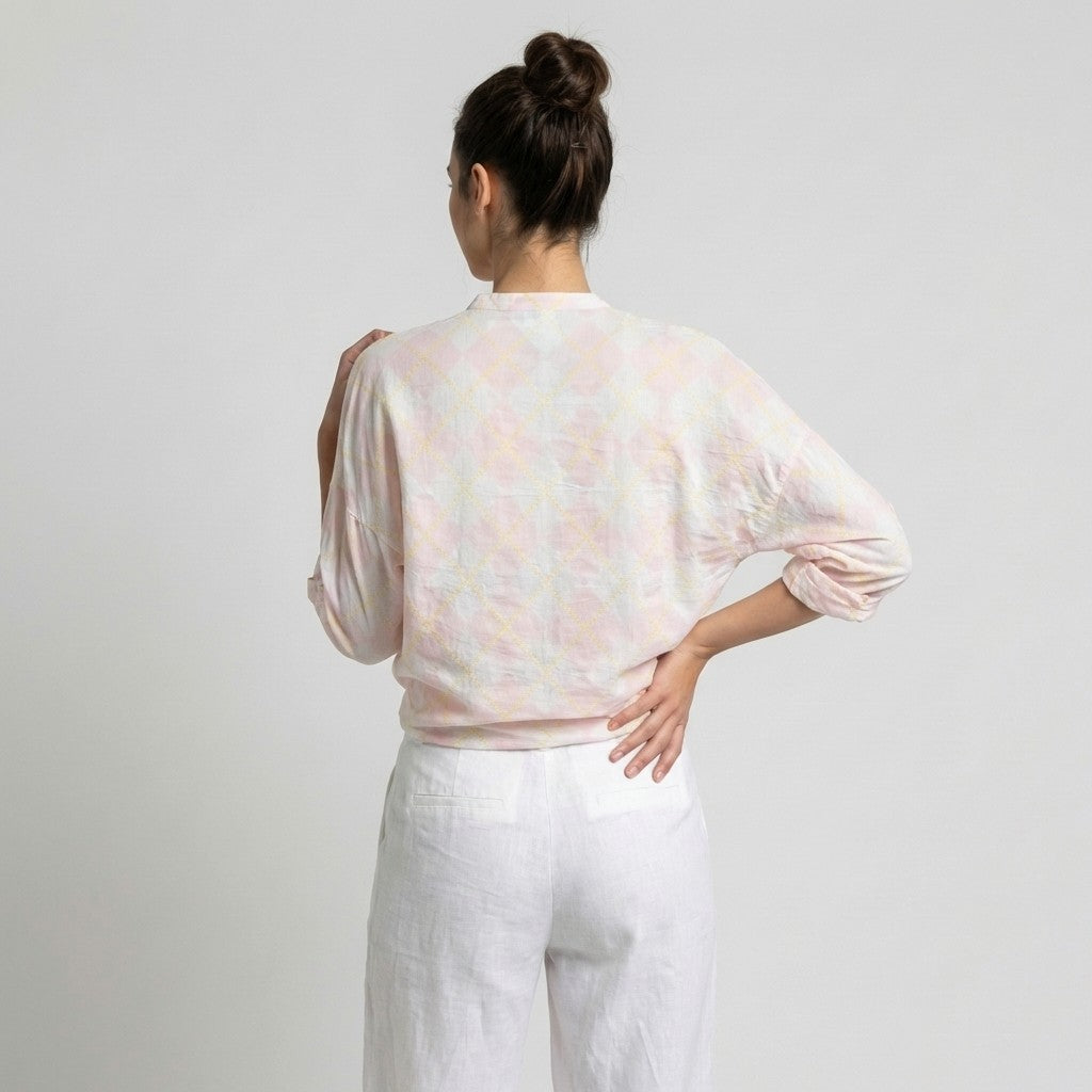 Chemisier Léger à Manches Boutonnées Motif Argyle 100% Coton