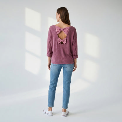 Long Sleeve T-Shirt with V-Neck and Back Opening and Decorative Bow