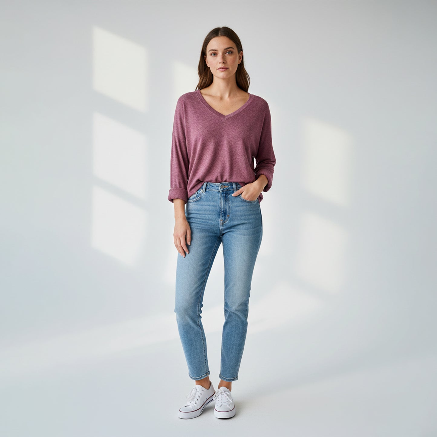 Long Sleeve T-Shirt with V-Neck and Back Opening and Decorative Bow