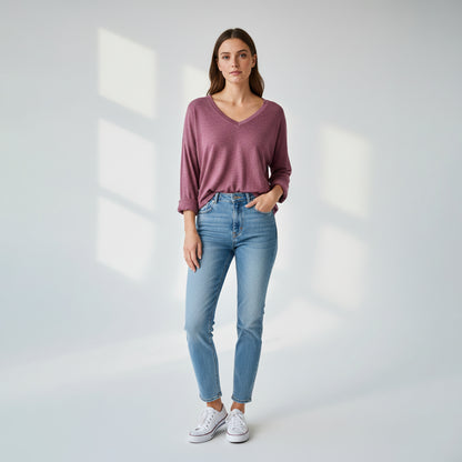 Long Sleeve T-Shirt with V-Neck and Back Opening and Decorative Bow