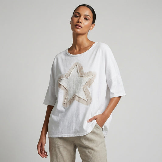 T-Shirt Large Motif Étoile Brodé à Sequins 100% Coton