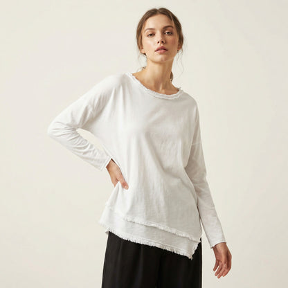 Pull Large Col Rond Coupe Asymétrique à Franges 95% Coton